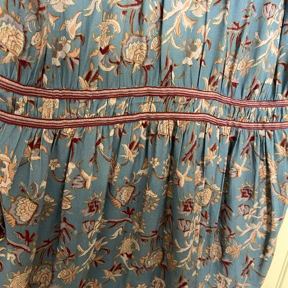 Veronica Beard Blue Floral Boho Peasant Tunic Dress Rayon Tie Waist Romantic - Picture 14 of 14